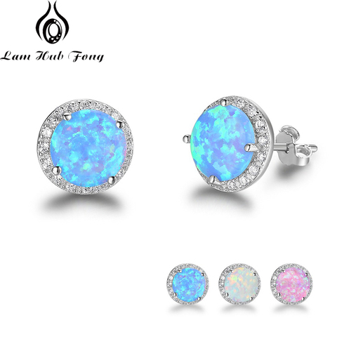 Classic 925 Sterling Silver Stud Earrings Round White Pink Blue Opal Earrings with Cubic Zirconia Jewelry Gift (Lam Hub Fong) ► Photo 1/6