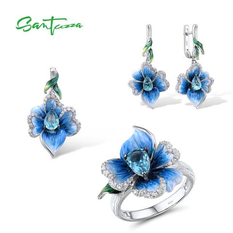 SANTUZZA Silver Jewelry Set for Women 925 Sterling Silver Blue Flowers Pendant Earrings Ring Set Fine Jewelry Handmade Enamel ► Photo 1/6