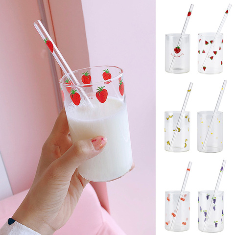 Cute Fruit Printed Glass Mug Cup Heat-resistant Milk Juice Glass Water Cup with Straw Beer Coffee Cup Whiskey Lemon Tea Mugs ► Photo 1/6