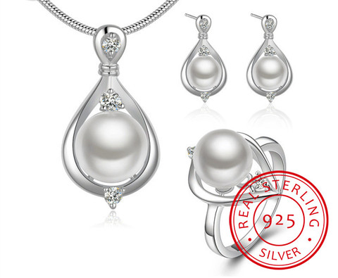 New Fashion 925 sterling silver Fine Jewelry Set Crystal Pearls Ring Earrings Necklace Jewelry Sets For Women ► Photo 1/6