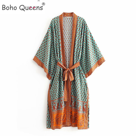 Boho Queens Vintage peacock Print Sashes Kimono Women bohemian V Neck batwing Sleeves Maxi robe ► Photo 1/6