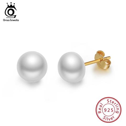 ORSA JEWELS Real 925 Sterling Silver Stud Earrings For Women Genuine Fresh Water Pearl 8 MM Gold-color Female Party Jewelry SE86 ► Photo 1/6