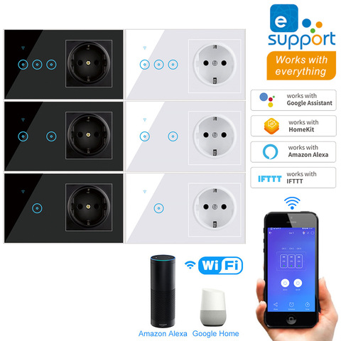 eWeLink Electrical Socket with Switch WiFi LED Light Touch Switch 1 2 3 gang  EU Socket Wall Outlet Compatible Alexa Google Home ► Photo 1/6