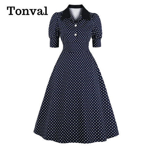 Tonval Puff Sleeve Button Up Polka Dot Vintage Style Party Long Dress Women Elegant High Waist Cotton Pinup Midi Dresses ► Photo 1/6