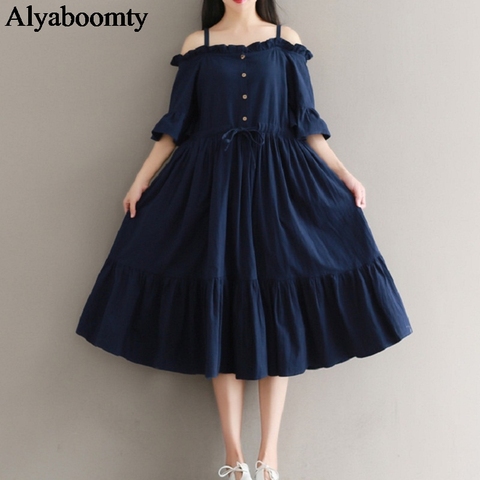 Mori Girl Summer Women Midi Dress Slash Neck Solid Butterfly Sleeve Vestidos Femininos Strap Cotton Elegant Sweet Pleated Dress ► Photo 1/6