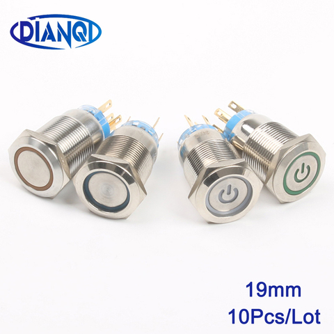 10pcs 19mm brass Push Button Switch flat round illumination ring Latching/lock Momentary/reset 1NO 1NC Car button pin terminal ► Photo 1/5