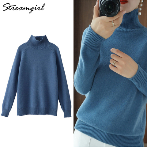 Streamgirl Winter Sweater Women Turtleneck Pullovers Solid Knitted Tops White Turtleneck Sweaters For Women Spring Blue Sweater ► Photo 1/6