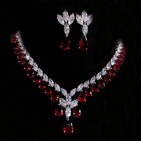 Luxurious CZ Big Statement Long Dangle Dubai Women Wedding Party Gift Jewelry Sets With India Red Cubic Zirconia Stone ► Photo 1/4