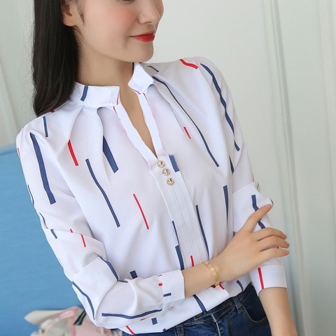 JFUNCY Plus Size Women White Tops and Blouses Fashion Stripe Print Casual Long Sleeve Office Lady Work Shirts Female Slim Blusas ► Photo 1/6