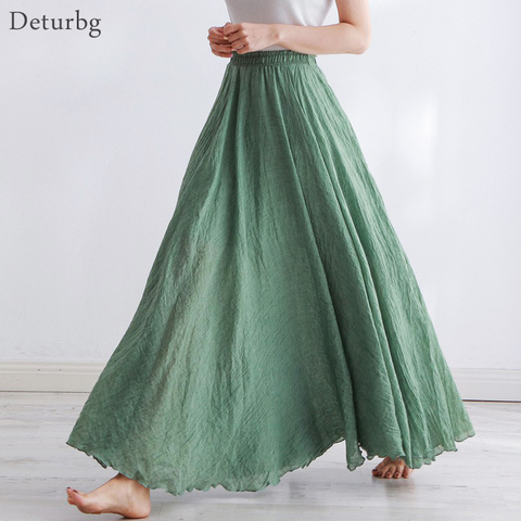 High Quality Cotton Linen Maxi Skirt Womens Casual Elastic High Waist Pleated A-Line Beach Skirts Boho Saia Feminina Faldas Jupe ► Photo 1/6