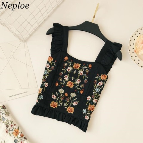 Neploe Bohemian Flower Embroidery Women Blusas 2022 Sexy Sleeveless Ruffles Slim Crop Top Summer Fashion Ladies Blouse 67020 ► Photo 1/4