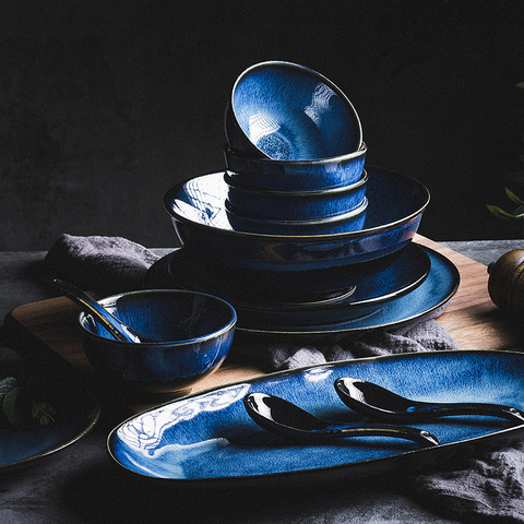 Kinglang 2/4 Person Dinnerware Set Japanese Klin Blue Tableware Set Retro Household Bowl Dish Rice Bowl ► Photo 1/6
