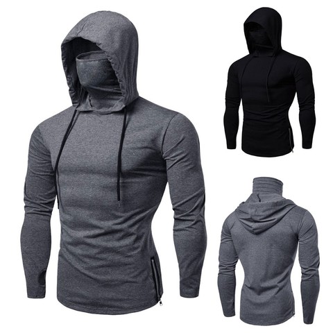 Mens Gym Thin Hoodie Long Sleeve Hoodies With Mask Sweatshirt Casual Splice Large Open-Forked Mask Hoodie Sweatshirt Hooded Tops ► Photo 1/6