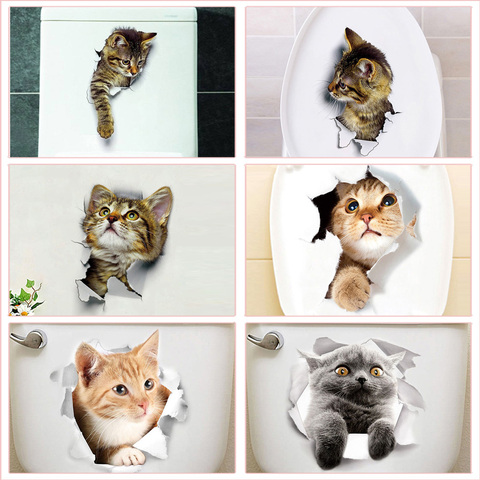 Funny Cat Pattern Toilet Stickers For Wc Wash Room Home Decoration Diy Vivid 3d Animal Wall Decals Pvc Mural Art ► Photo 1/6