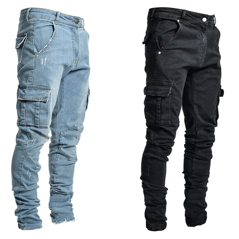 Jeans Men Pants Casual Cotton Denim Trousers Multi Pocket Cargo Jeans Men New Fashion Denim Pencil Pants Side Pockets Cargo ► Photo 1/5