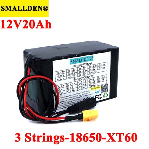 SMALLDEN 11.1V/12V 20ah 18650 lithium Rechargeable battery 20000mAh with PCB For hernia lamp,amplifiers, monitoring XT60 plug ► Photo 1/6