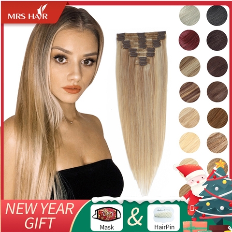 MRSHAIR Clip in Human Hair Extensions Blonde Highlight Clip in Straight Hair Extension Full Head 8pcs 14 18 22 Inch Machine Remy ► Photo 1/6