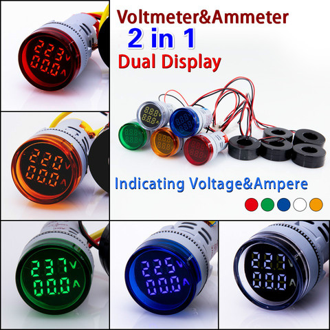 Mini Digital Voltmeter Ammeter 22mm Round AC 50-500V 0-100A Amp Volt Voltage Tester Meter Dual LED Indicator Pilot Lamp Light ► Photo 1/6