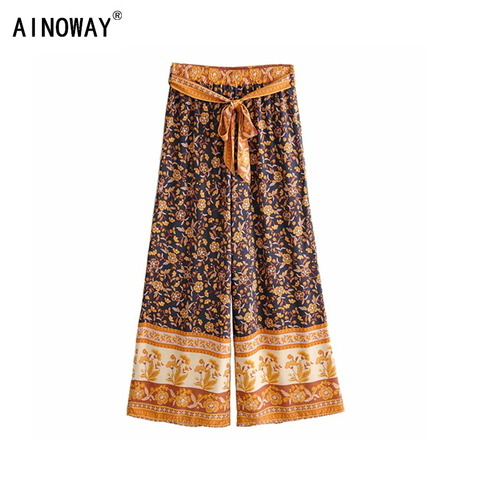 Vintage chic elegant women bohemian floral print wide leg Bohemian pants ladies casual loose rayon Boho long pants  oversize ► Photo 1/6