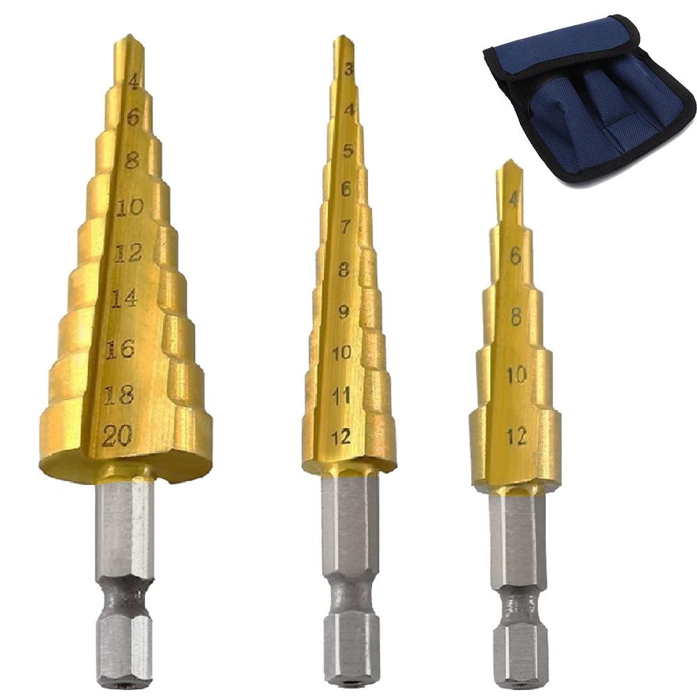 3pc Hss step drill bit set cone hole cutter Taper metric 4 - 12 / 20mm 1 / 4 