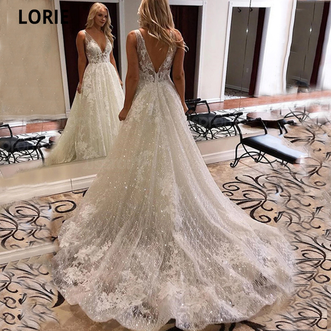 LORIE Ivory Lace Glitter Wedding Dresses Shiny Tulle Beach Bridal Dresses Boho Elegant Wedding Party Gowns Open Back Long Train ► Photo 1/5