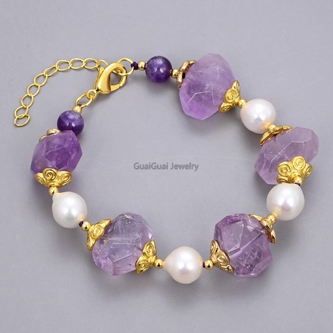 GuaiGuai Jewelry Natural Stone 8'' Cultured Whtie Pearl Amethyst Nugget Bracelet ► Photo 1/6