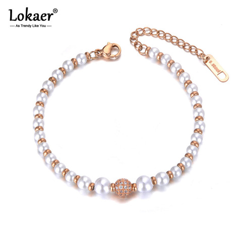 Lokaer Stainless Steel Simulated Pearl Charm Bracelets For Women Girls Bohemia CZ Crystal Chain & Link Bracelet Jewelry B19079 ► Photo 1/6