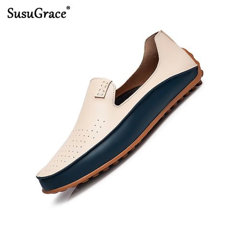 susugrace men leather casual loafers Summer flats slip-on breathable moccasins autumn punching drive shoes outdoor plus size 47 ► Photo 1/6