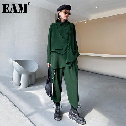 [EAM] Wide Leg Pants Irregular Big Size Two Piece Suit New Lapel Long Sleeve Loose Fit Women Fashion Spring Autumn 2022 1Z605 ► Photo 1/6