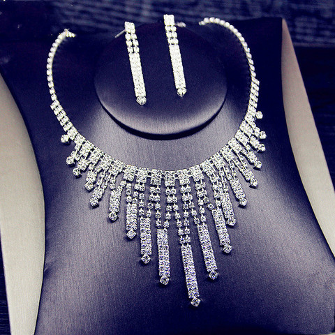 FYUAN Luxury Geometric Rhinestone Necklace Earrings For Women Long Tassel Bridal Weddings Jewelry Sets ► Photo 1/6
