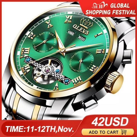 OLEVS Mechanical Men Watches Automatic Stainless Steel Waterproof Date Week Green Fashion Classic Wrist Watches 6607 ► Photo 1/6