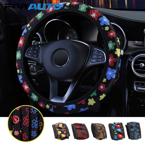 FORAUTO Car Steering Wheel Cover Flowers Print Anti-slip Car Styling Elastic 38cm Steering Covers Universal Interior Accessories ► Photo 1/6