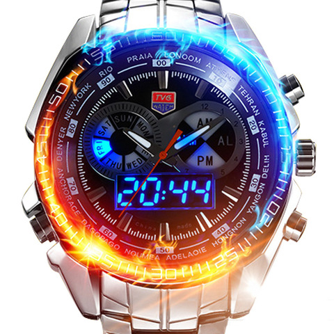 TVG Stainless Steel Watch Men Luxury Brand  Military Blue Binary LED Waterproof Mens Sports Digtal Watches relogio masculino ► Photo 1/6