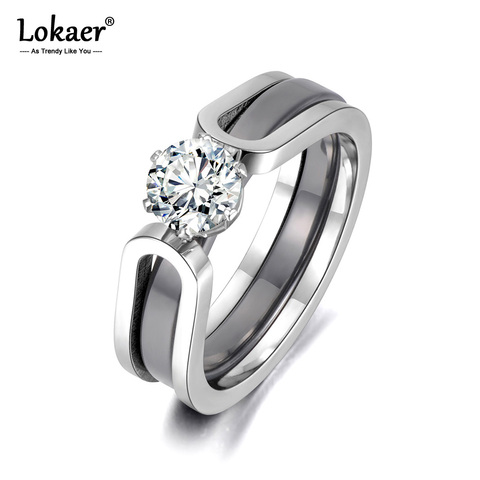 Lokaer Trendy 2 Layers Black/White Ceramic Crystal Wedding Rings Jewelry AAA Zircon Stainless Steel Rhinestone Engagement R18071 ► Photo 1/6