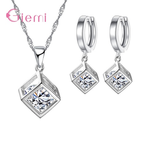 Personality Creative 925 Sterling Silver Cube Jewelry Sets Cubic Zircon Suqare Pendant Necklace Dangle Earrings for Women ► Photo 1/5