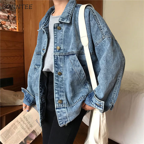 Basic Jackets Women Vintage Simple Spring Chic Denim Korean College Style Girls Jacket Stylish Turn-down Collar Ladies Outwear ► Photo 1/6