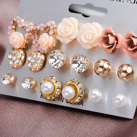 12/ 9 Pairs/Set Pearl Flower Crystal Studs Earrings Women' Girls Elegant Rose Flower Heart Ear Studs Earring Jewelry Gift ► Photo 1/6