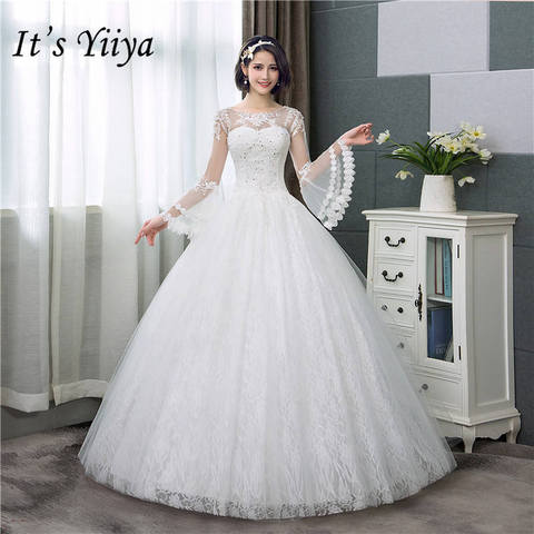 It's YiiYa New Long Flare Sleeve Wedding Dresses Simple O-neck Back Lace Up Wedding Gown HS283 ► Photo 1/6