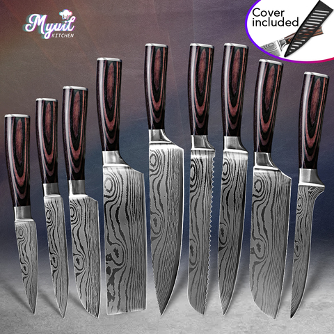 Kitchen Knives Stainless Steel 7CR17 440C Laser Damascus Japanese Santoku  Cleaver Slicing Utility Chef Knife Set