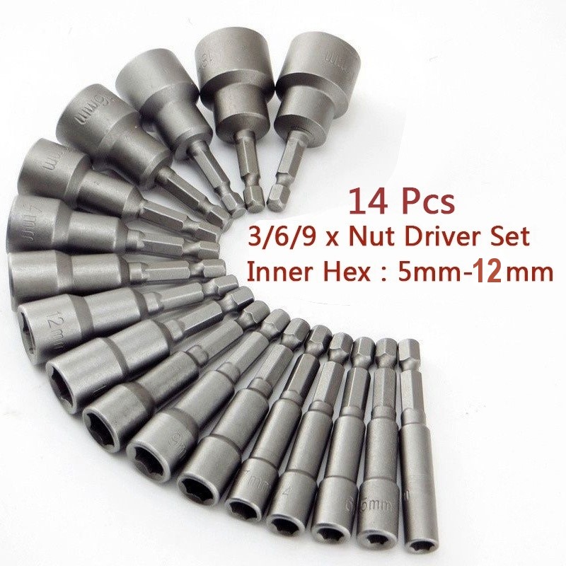 14pcs Hex Power Nut Driver Drill Bit Set Socket Adapter Sleeve for Wrench Screw 