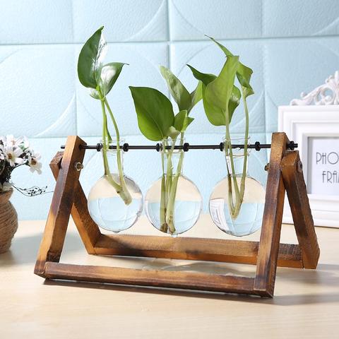Glass and Wood Vase Planter Terrarium Table Desktop Hydroponics Plant Bonsai Flower Pot Hanging Pots with Wooden Tray Home Decor ► Photo 1/6