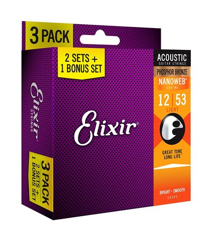 Elixir Original 16545 (3 packs of 16052) Acoustic Phosphor Bronze with NANOWEB Coating, Light, 12-53 ► Photo 1/3