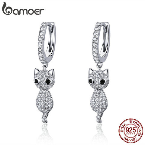 BAMOER 925 Sterling Silver Cute Cat Crystal Pussy Dazzling Cubic Zircon Drop Earrings for Women Sterling Silver Jewelry SCE519 ► Photo 1/6