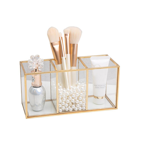 Transparent Glass Makeup Brush Storage Box Gold Cosmetics Container Ring Pencil Lipstick Holder Make Up Brushes Organizer ► Photo 1/6