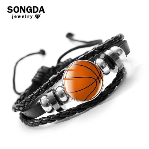 SONGDA Favorite Basketball Snap Button Bracelet Punk Black PU Leather Bracelet Men Boys Wristband Ball Sports Hobby Accessories ► Photo 1/6