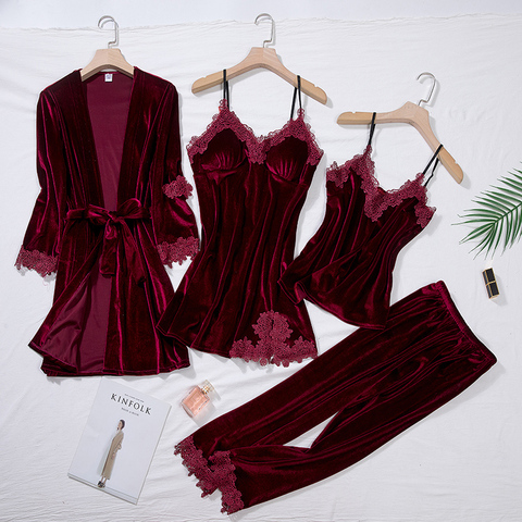 Burgundy Velour Pajama Suit Women 4PCS Kimono Robe Nightgown Set Sleepwear Lady Winter Velvet Warm Lace Folwer Bathrobe Gown ► Photo 1/5