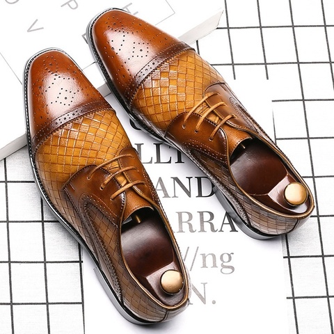 Men's Woven Leather Dress Shoes Mens Classic Vintage Derby Shoes Brogue Shoes Men Lace-Up Business Office Party Wedding Shoes ► Photo 1/6