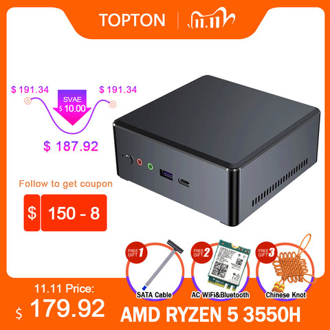 TOPTON Mini PC AMD Ryzen R7 2700U R5 3550H Vega Graphic 2*DDR4 M.2 NVMe Gaming Computer Windows 10 4K HTPC HDMI2.0 DP AC WiFi ► Photo 1/6