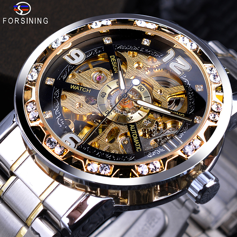 Forsining Fashion Diamond Golden Sliver Skeleton Mechanical Watch Stainless Steel Luminous Men Watches Sport Business Wristwatch ► Photo 1/6