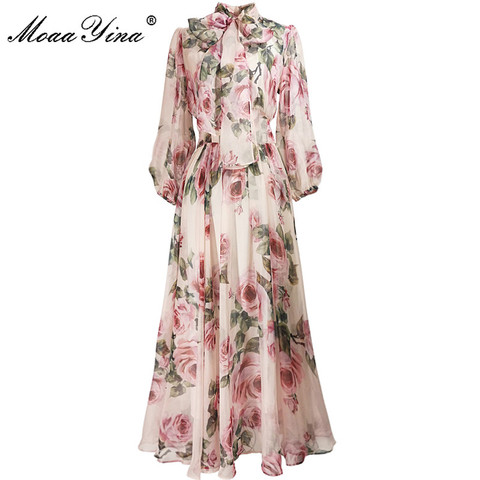 MoaaYina Spring Summer Fashion Designer dress Women Dress Bow collar Rose Floral-Print Elegant Vacation Chiffon Dresses ► Photo 1/5